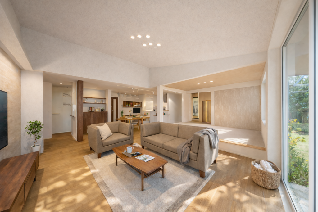 【高性能平屋】開放的な勾配天井と片付く設計